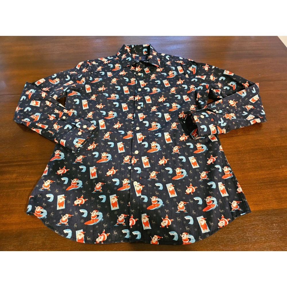 Surfing Santa Simon Banks Christmas Shirt LS Button Up Reindeer Beach Men M 15.5